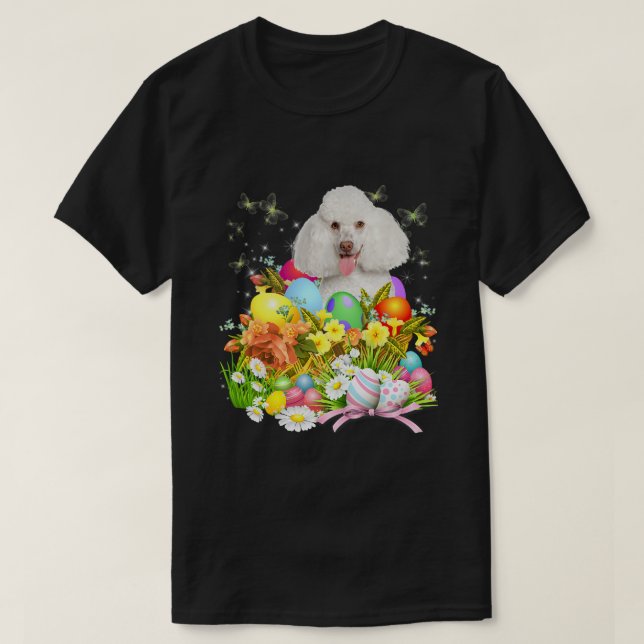 White Poodle Bunny Dog With Easter Eggs Basket Coo T-Shirt (Design Front)