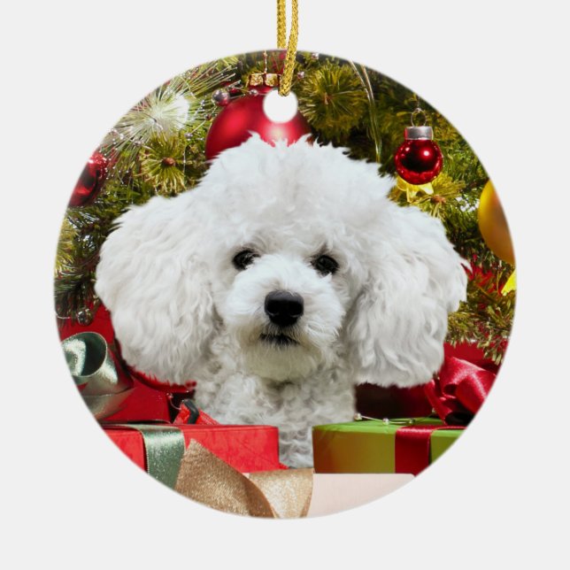 White Poodle Christmas Ceramic Tree Decoration (Front)