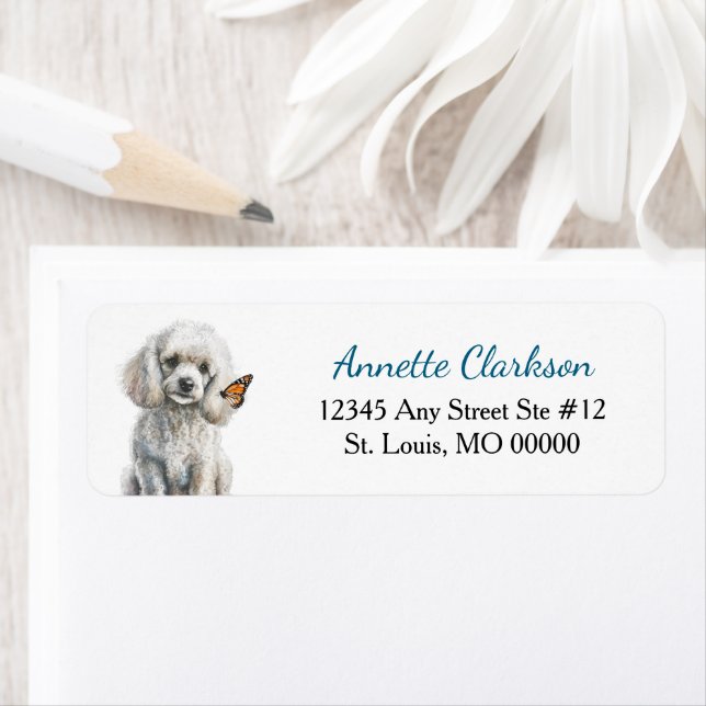 White Poodle Dog Butterfly Wonder Return Address (Insitu)