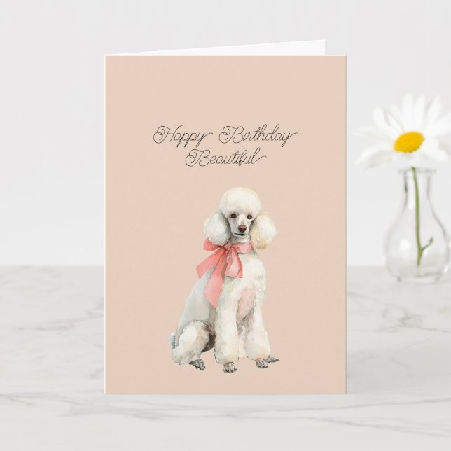 White Poodle Dog Hello Beautiful Birthday Card (Small Plant)