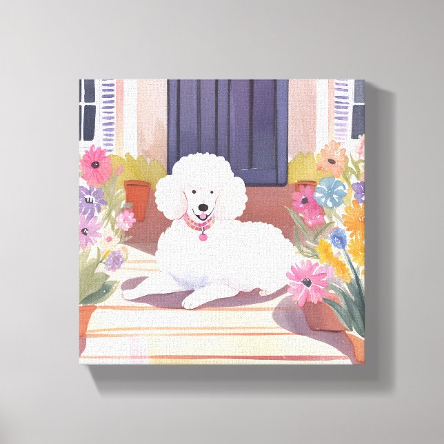 White Poodle | Dog Pet Watercolor Flowers Canvas Print (Front)