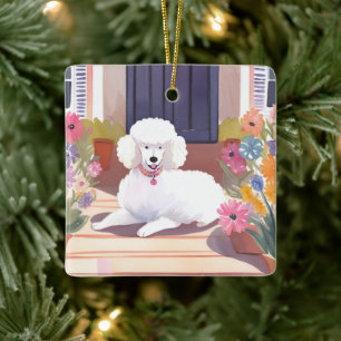 White Poodle   Dog Pet Watercolor Flowers Ceramic Ornament