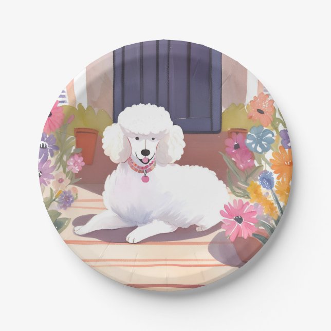 White Poodle | Dog Pet Watercolor Flowers Paper Plate (Front)