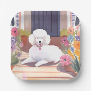 White Poodle   Dog Pet Watercolor Flowers Paper Plate
