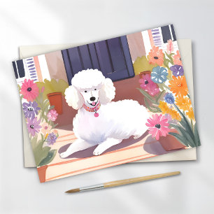 White Poodle Dog Pet Watercolor Flowers Postcard