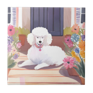 White Poodle   Dog Pet Watercolor Flowers Tile