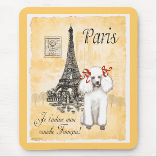 White Poodle Eiffel Tower Vintage Style Print Mouse Pad