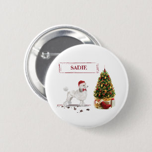 White Poodle Funny Christmas Dog with Tree 6 Cm Round Badge