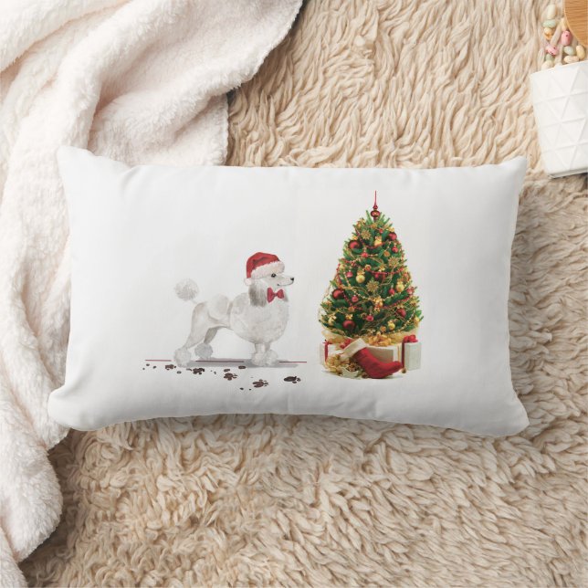 White Poodle Funny Christmas Dog with Tree Lumbar Cushion (Blanket)