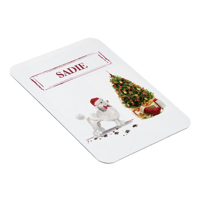 White Poodle Funny Christmas Dog with Tree Magnet (Right Side)