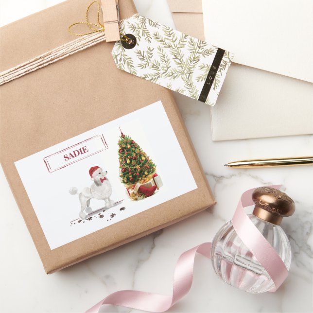 White Poodle Funny Christmas Dog with Tree Rectangular Sticker (Gifting)