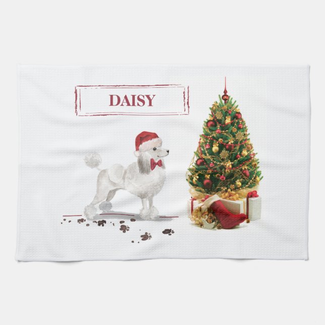 White Poodle Funny Christmas Dog with Tree Tea Towel (Horizontal)