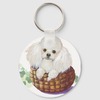 White Poodle in Basket Art Print Keychain