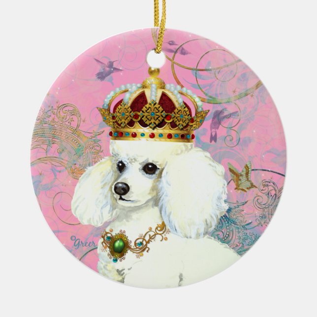 White Poodle King Christmas Ornament (Front)