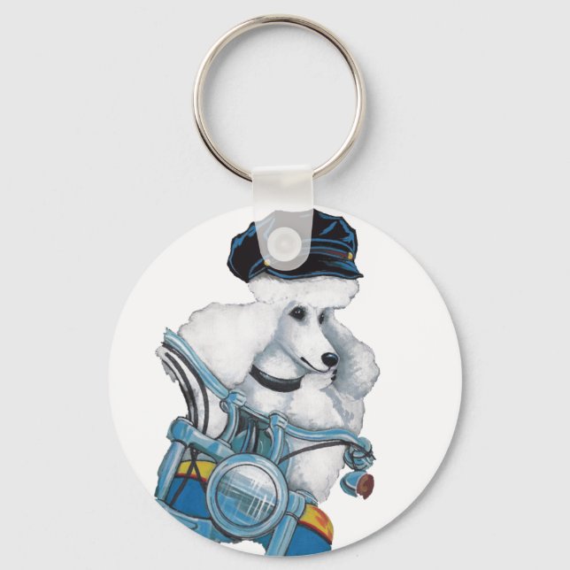 White Poodle on a Harley Keychain "Biker Chick" (Front)