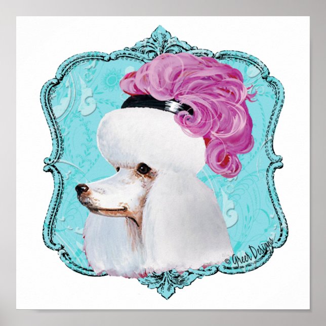White Poodle Pink Feather Hat Poster Print (Front)