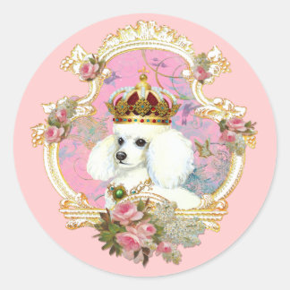 White Poodle Princess n Pink Roses Classic Round Sticker