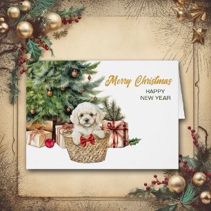 White Poodle Puppy Dog Wicker Basket Christmas
