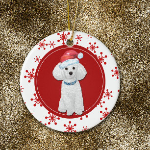White Poodle Red Snowflake Border Ceramic Tree Decoration