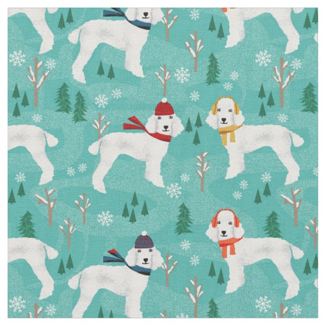 White poodle snow day winter dog fabric (Close Up)