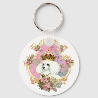 white poodle wi pink roses gold fr fini clr bkgrnd key ring
