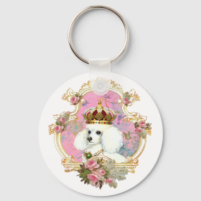 white poodle wi pink roses gold fr fini clr bkgrnd key ring (Front)