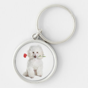 White Poodle with Carnation Key Premium Chain Ring