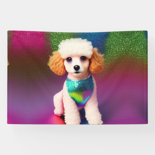White Poodle with Cream Ears on Rainbow Sparkle   Banner (Horizontal)