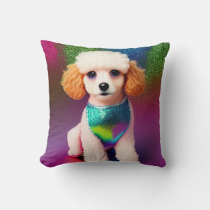 White Poodle with Cream Ears on Rainbow Sparkle Cushion