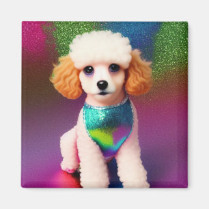 White Poodle with Cream Ears on Rainbow Sparkle Magnet