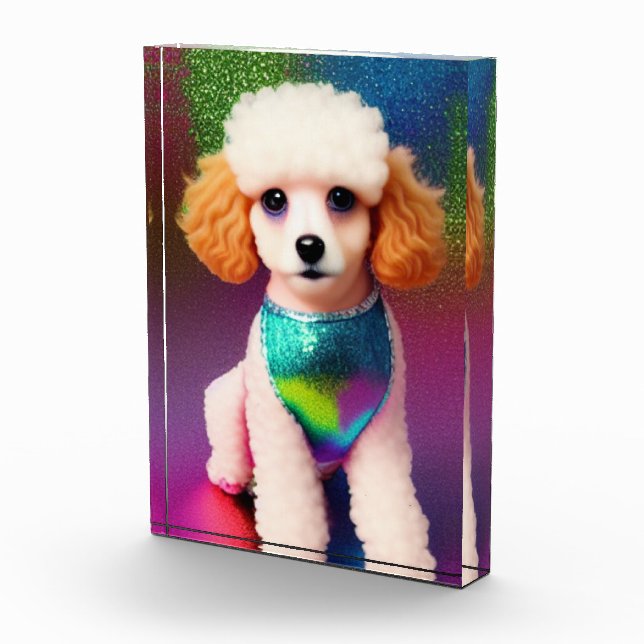 White Poodle with Cream Ears on Rainbow Sparkle  Photo Block (Right)