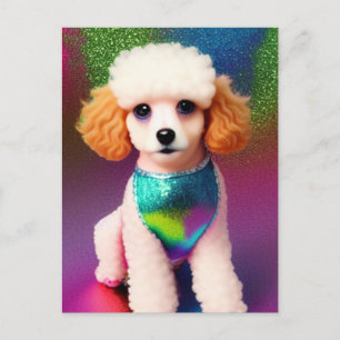White Poodle with Cream Ears on Rainbow Sparkle Postcard