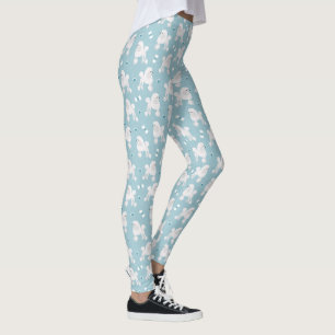 White Poodles and Bows Pattern Blue Leggings