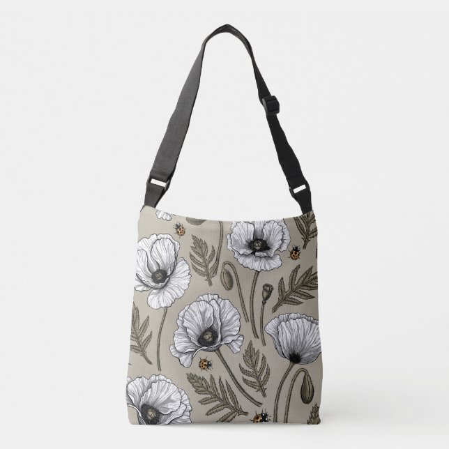 White poppies and ladybugs crossbody bag (Front)