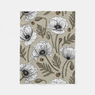 White poppies and ladybugs fleece blanket
