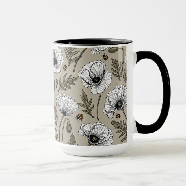 White poppies and ladybugs mug (Right)
