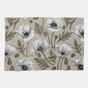 White poppies and ladybugs tea towel