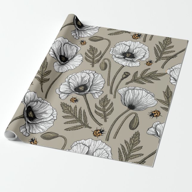 White poppies and ladybugs wrapping paper (Unrolled)