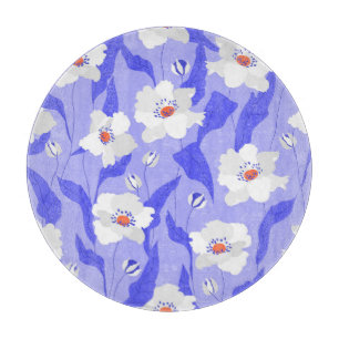 White Poppies: Hand-Drawn Purple Seamless Cutting Board