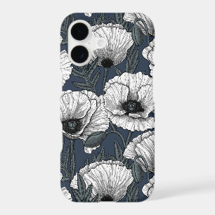White poppies on navy