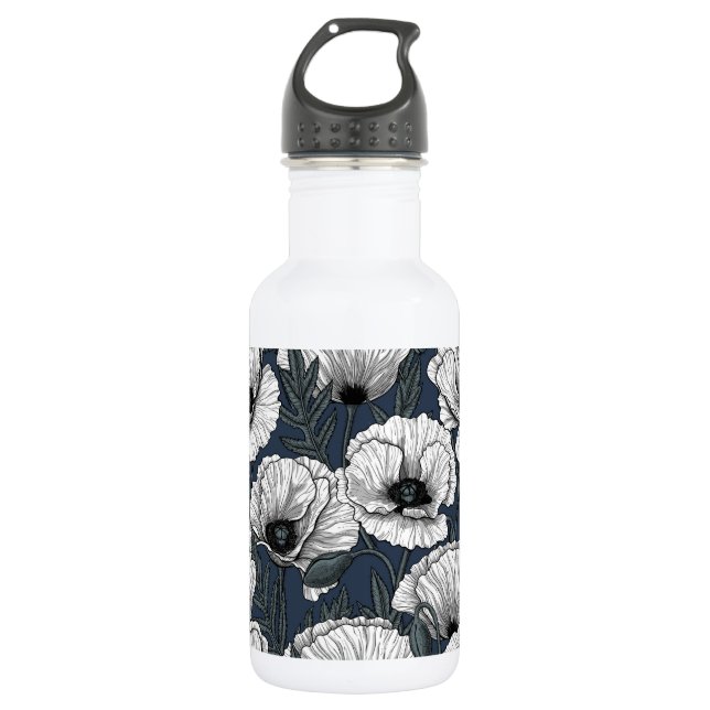 White poppies on navy 532 ml water bottle (Front)