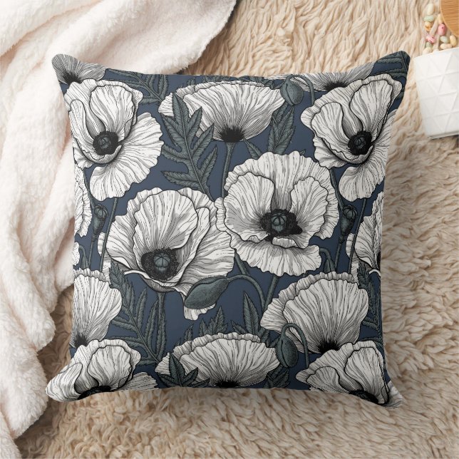 White poppies on navy cushion (Blanket)