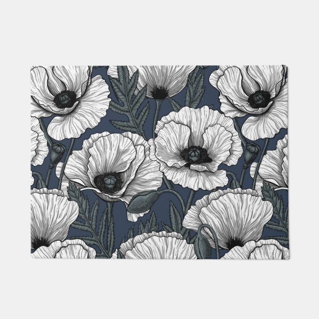 White poppies on navy doormat (Front)