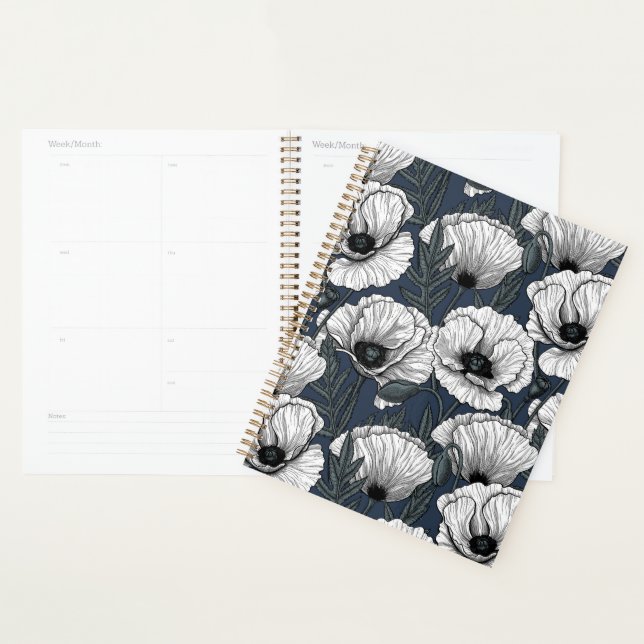 White poppies on navy planner (Display)