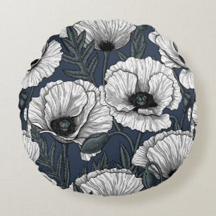 White poppies on navy round cushion