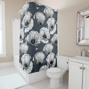 White poppies on navy shower curtain
