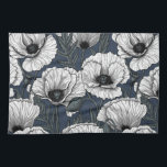 White poppies on navy tea towel<br><div class="desc">Hand-drawn white poppies,  seamless vector pattern</div>