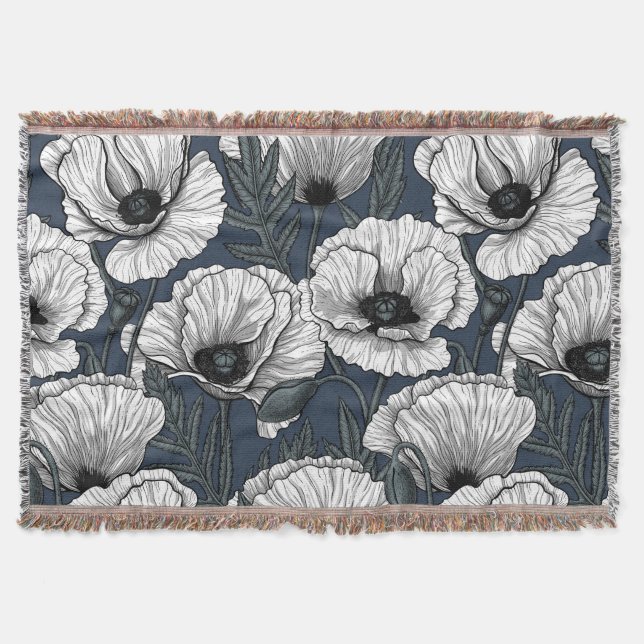 White poppies on navy throw blanket (Front)