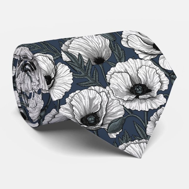 White poppies on navy tie (Rolled)