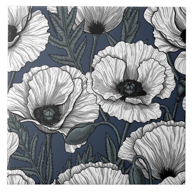 White poppies on navy tile (Front)
